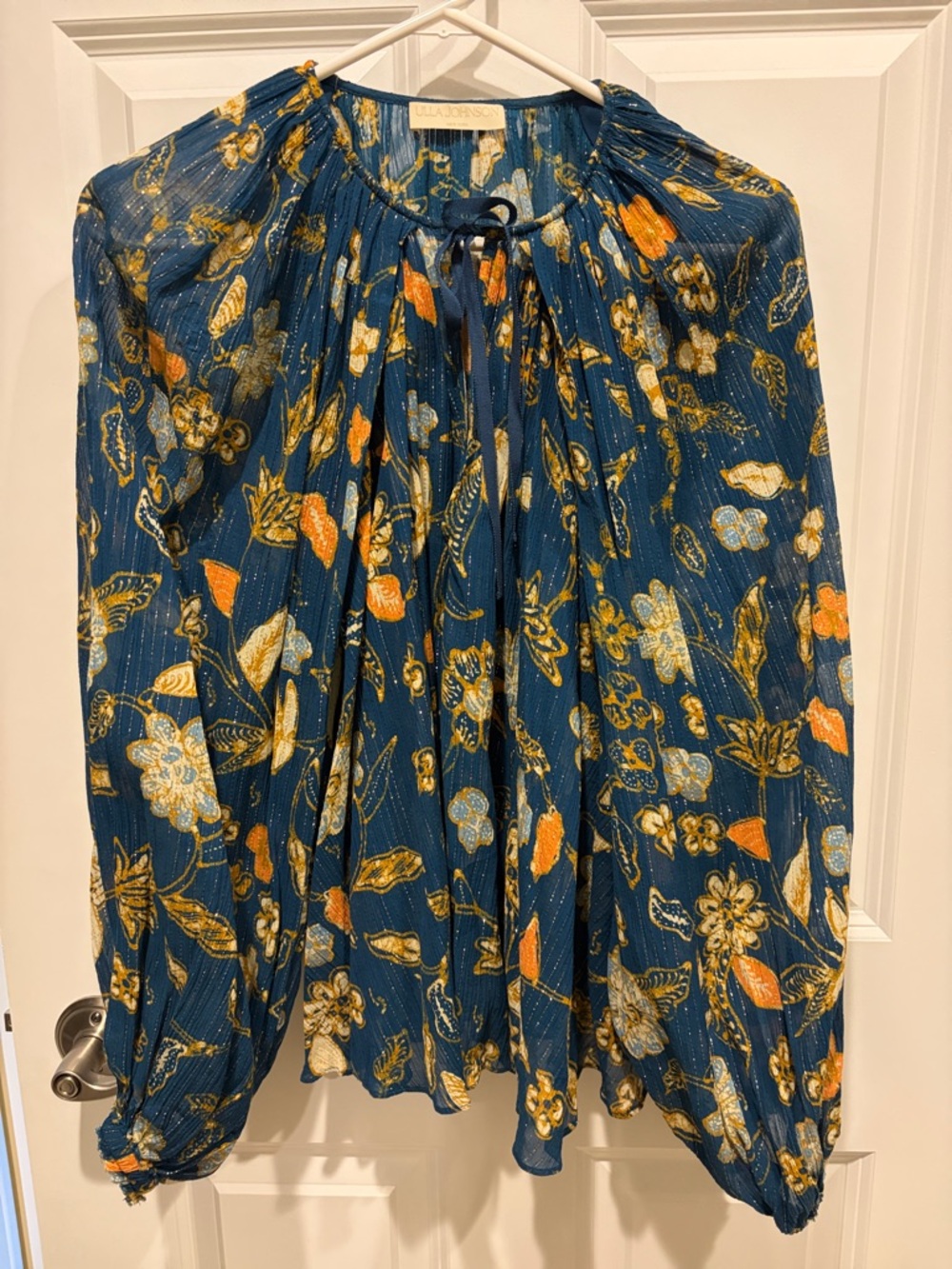 Ulla Johnson Blue Floral Peasant Blouse with Yellow and Orange Accents